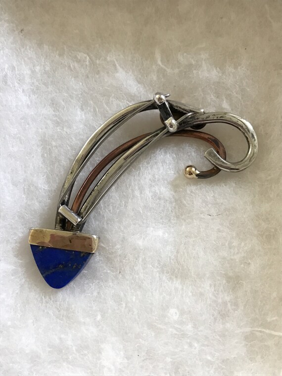 Art Deco Lapis Silver Copper Fur Clip Brooch - image 3