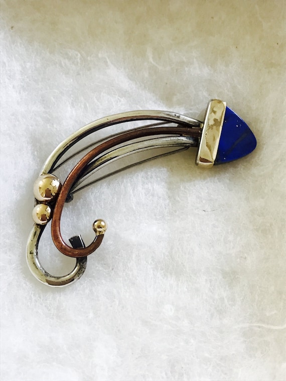 Art Deco Lapis Silver Copper Fur Clip Brooch - image 1