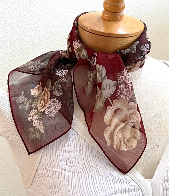 Vintage Halston Burgundy Floral Sheer Silk Scarf - image 3