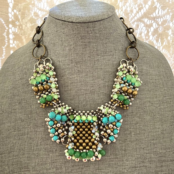 Pam Hiran Anthropologie Turquoise Green Brass Beaded Collar Necklace