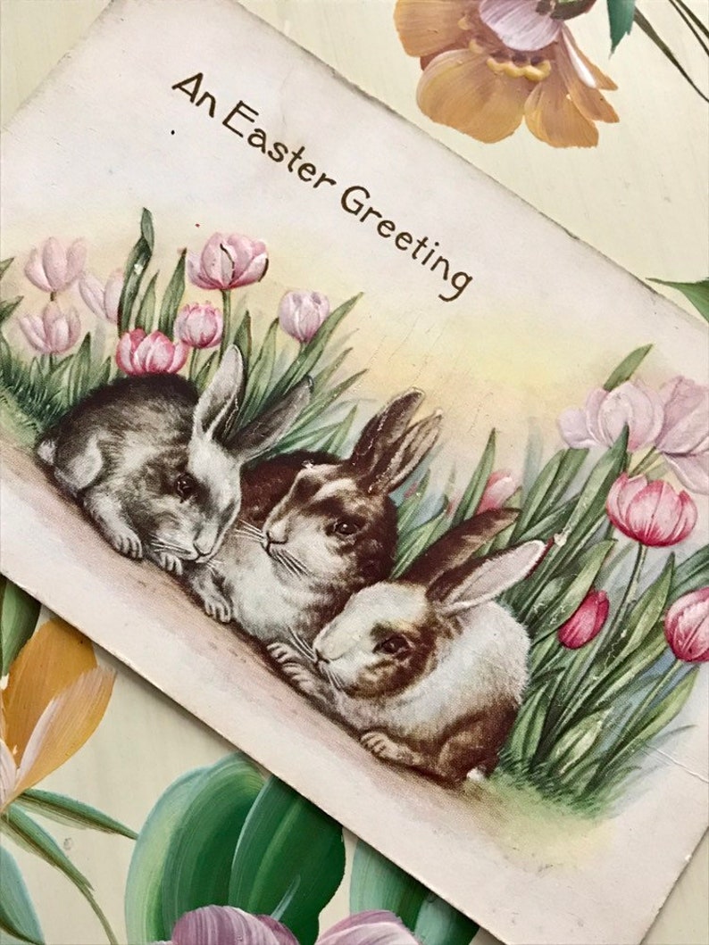 May include: Vintage Easter greeting card featuring three bunnies nestled among pink tulips and green grass. The card has the text "An Easter Greeting" in black script. The background has a soft, pastel color palette.
