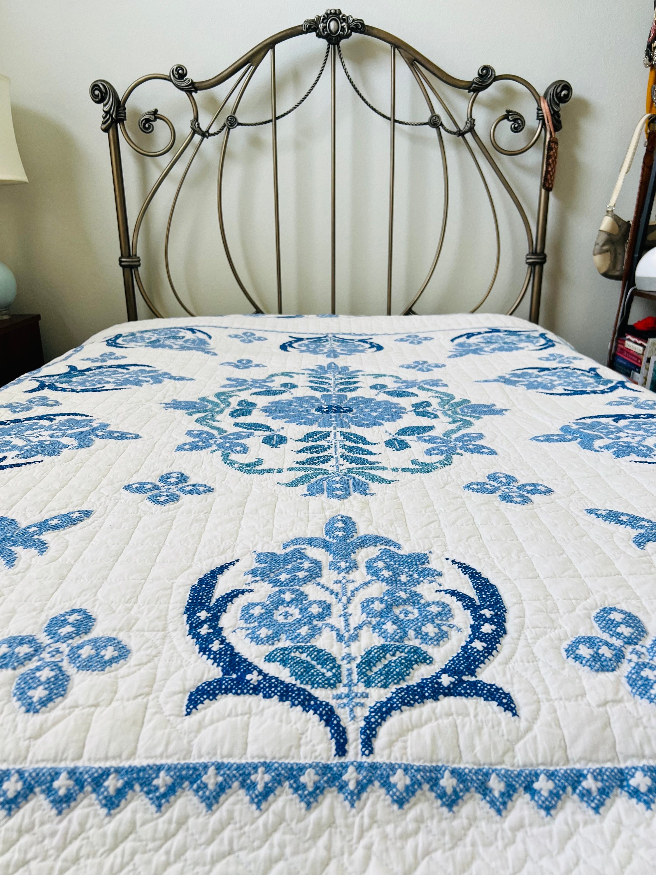 Vintage Blue on White Floral Cross Stitch Embroidery Quilt, 74” X