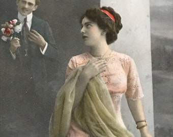 Antique 1913 Colorized Postcard, Romantic Couple, Valentine Card, Paper Ephemera