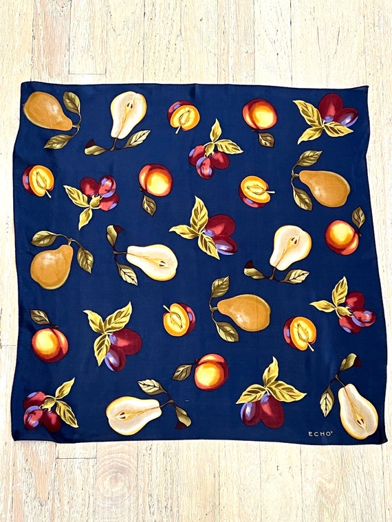 Vintage ECHO Silk Scarf, Pears and Plums on Midnig