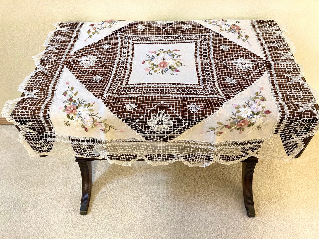 Cotton Embroidery Table Linen, Floral Pattern on Ecru Cotton, Small ...