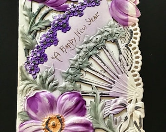 Antique New Year's Greeting Card, Embossed Purple Flowers and Fan, Edwardian Era Dated 1907