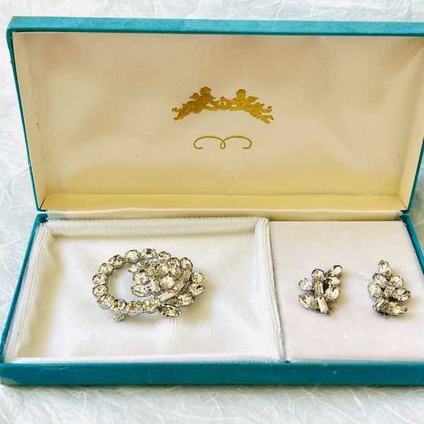 Vintage Rhinestone Brooch and Clip on Earrings Set, 1950’s Jewelry Set Original Box