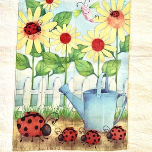 May include: A colorful garden scene with yellow flowers, green leaves, and red ladybugs. A blue watering can sits in the foreground with a white picket fence behind it. The text "The Garden" is written in the bottom right corner.