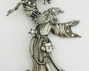 Vintage JJ Jonette Pewter Wizard Brooch, Crystal Ball Serpent Staff