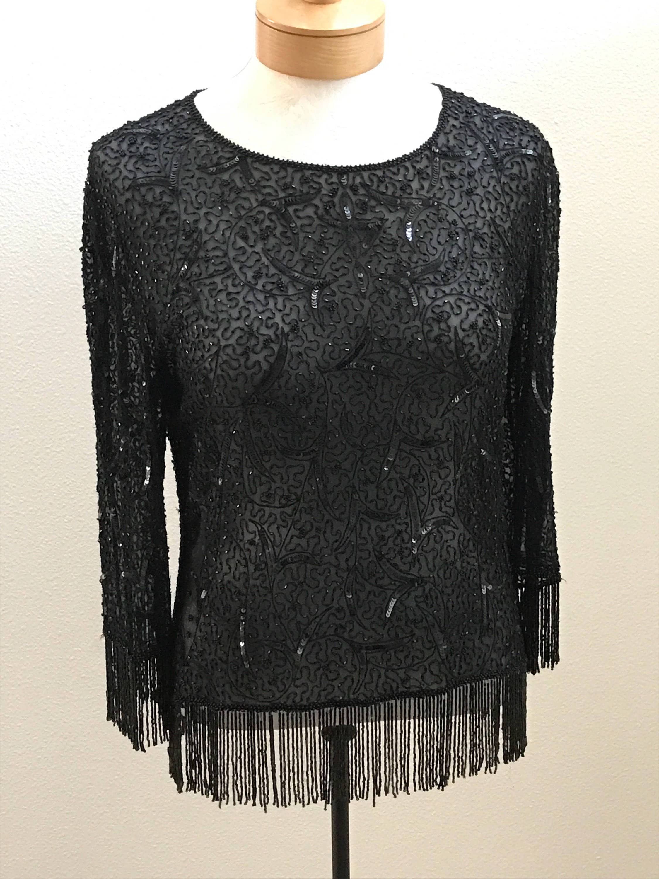 Black Beaded and Sequined Sheer Women's Top Evening | Etsy