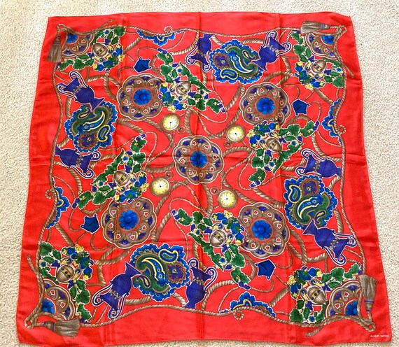 Albert Nipon Silk Scarf: Italian Theme, Orange Re… - image 1