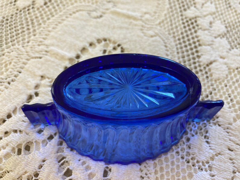 Vintage Cobalt Blue Glass Sugar Bowl Ribbed Pattern Brass Etsy