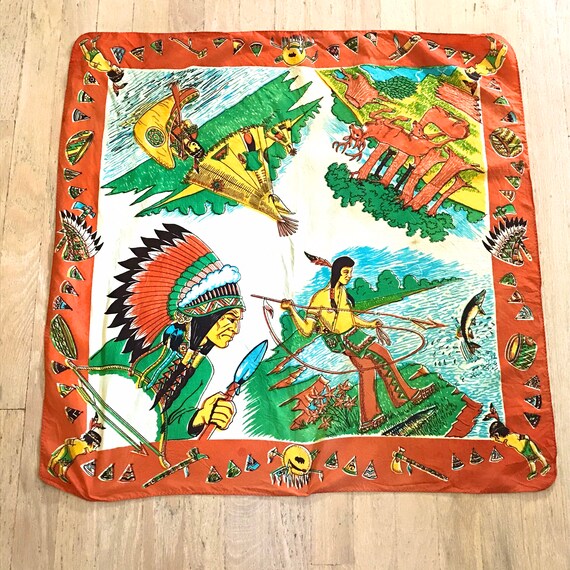 Vintage Native American Hand Screen Printed Scarf,