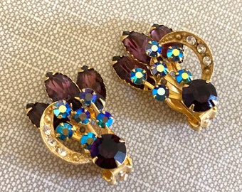 Vintage Amethyst Purple Rhinestone and Gold Tone Clip-on Earrings