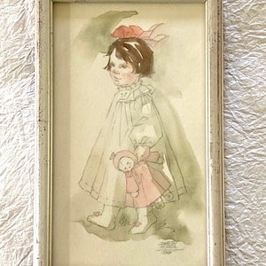 Signed Dorothy Klyver Watercolor: Girl and Doll, Framed Art (1988)