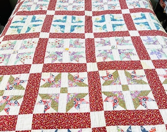 Vintage Cross and Crown Colorful Patchwork Quilt, 77” x 79”