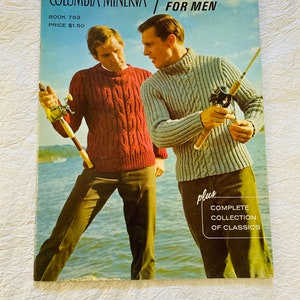 Vintage 1960’s Columbia Minerva Hand Knits For Men Knitting Patterns, Book 763 Knitting “How To” Guide Booklet, Color Photos