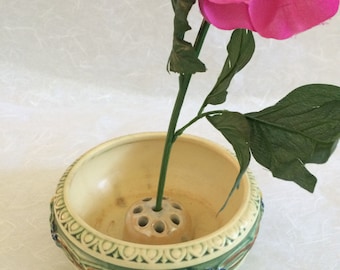 Vintage Pottery Flower Frog Bowl, Mid-Century Frog Bowl, Fruit and Leaf Pattern