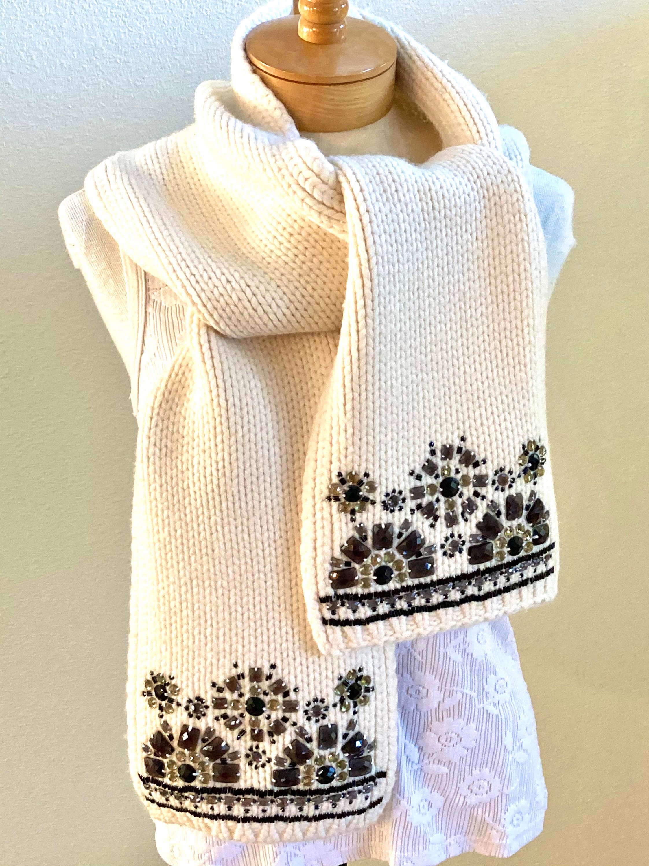 Kate Spade 100% White Merino Wool Scarf Jeweled Chunky Winter - Etsy