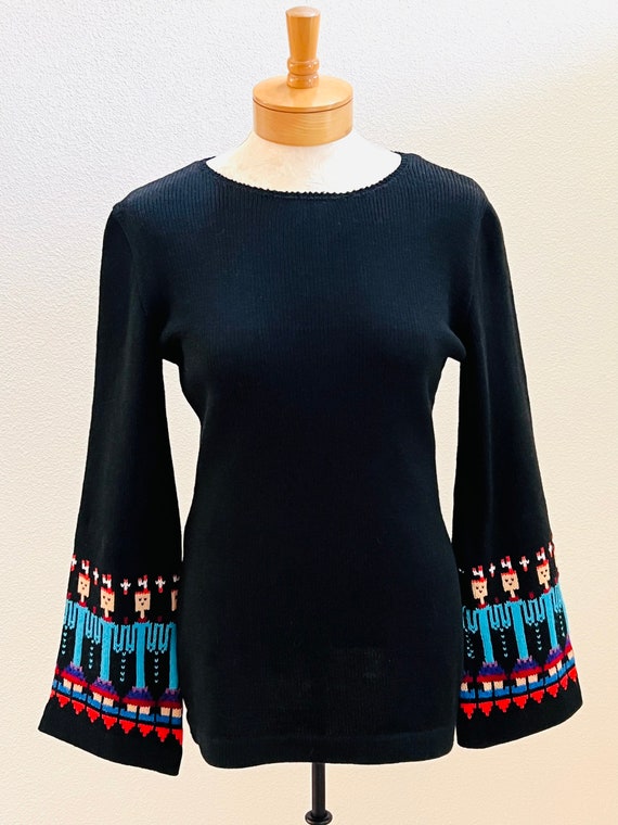 Black Wool Knit Pullover Sweater with Patterned L… - image 1