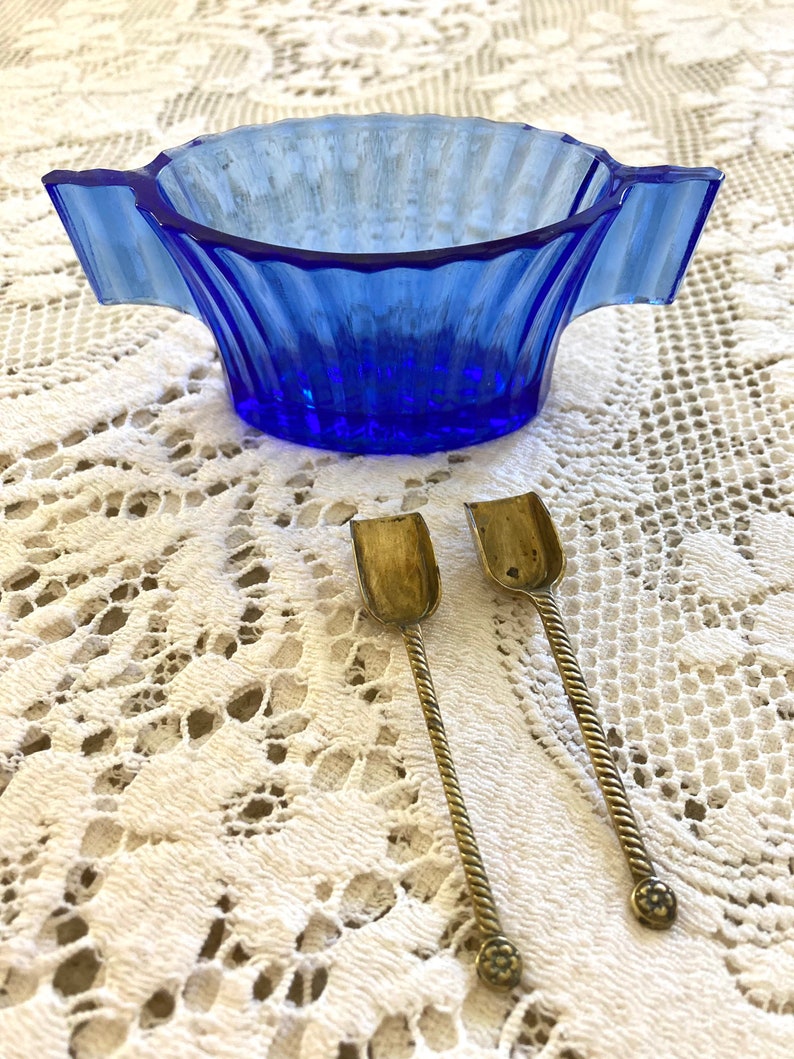 Vintage Cobalt Blue Glass Sugar Bowl Ribbed Pattern Brass Etsy