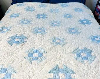 Vintage Light Blue White Monkey Wrench Quilt, 67” x 67”