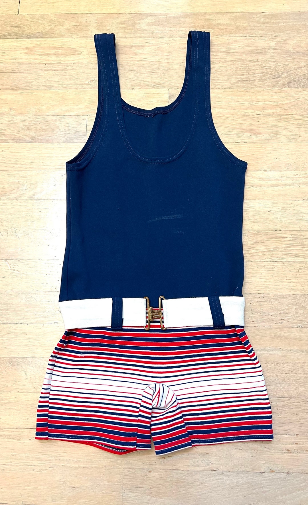 Vintage Mens One Piece Swimsuit Red White and Blue With Etsy