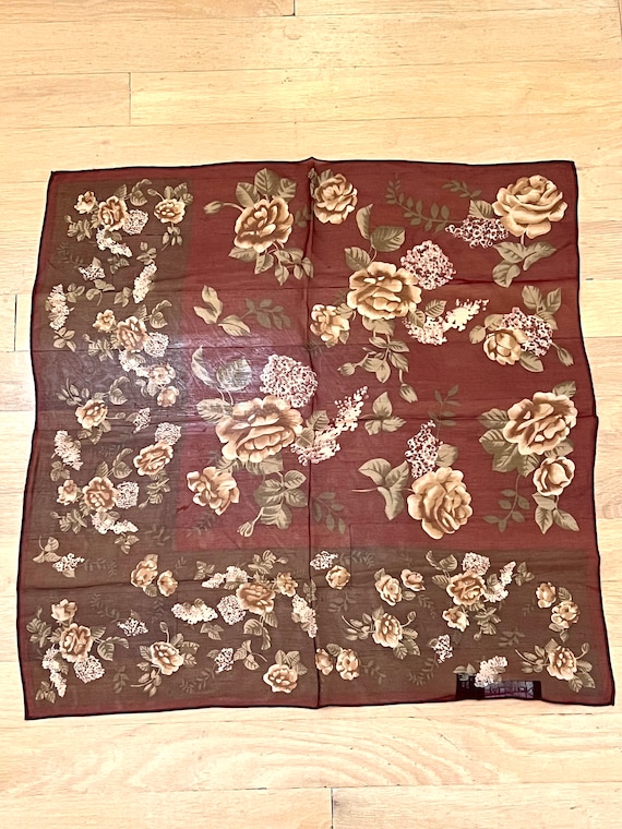 Vintage Halston Burgundy Floral Sheer Silk Scarf - image 2