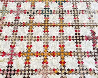 Antique Irish Double Chain Quilt, Golden, Brown, Red Color Palette, 63” x 77”