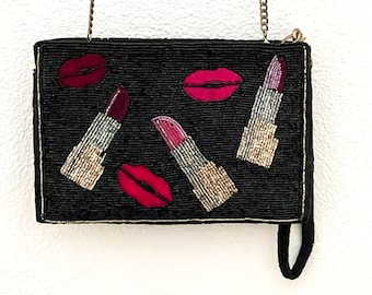 Mary Frances “Kiss Me” Black Beaded Lipstick Lips Small Crossbody Bag