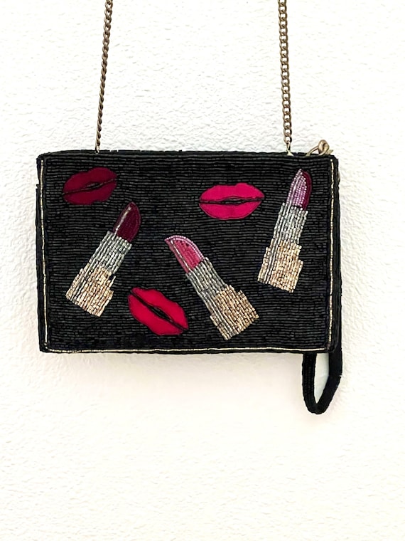 Mary Frances “Kiss Me” Black Beaded Lipstick Lips Small Crossbody Bag