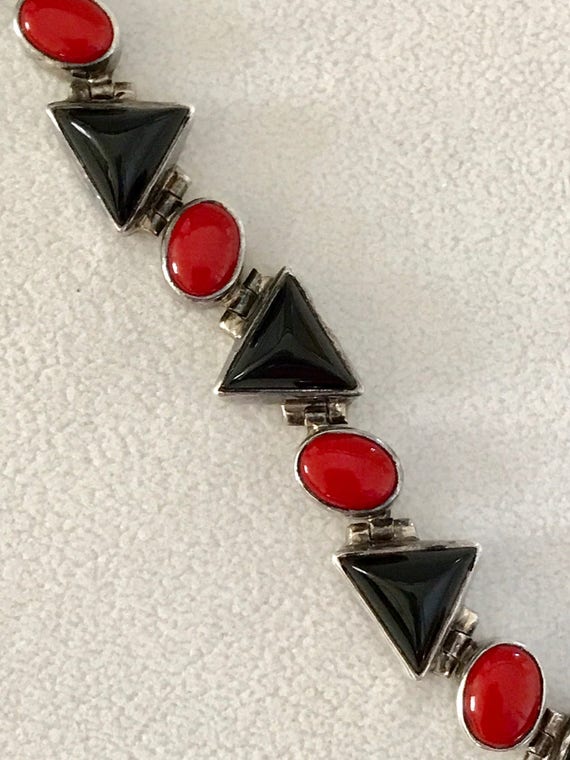 Coral Onyx Sterling Silver Geometric Link Bracelet - image 3