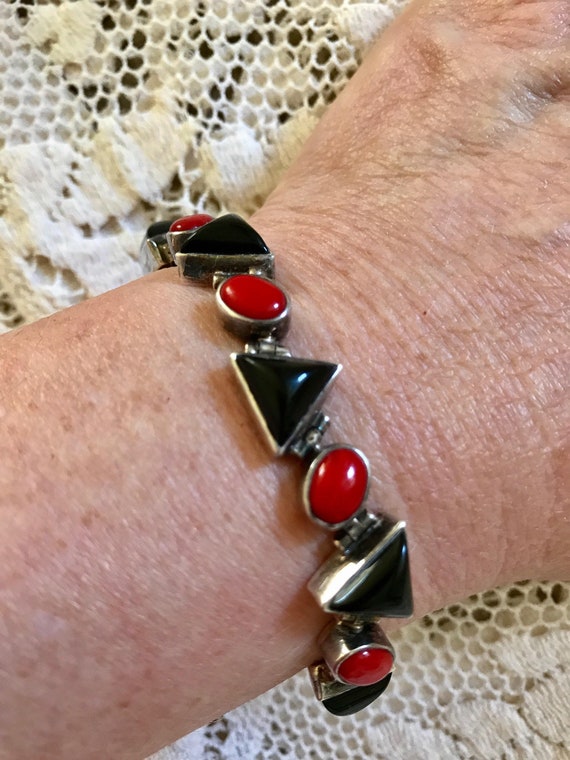 Coral Onyx Sterling Silver Geometric Link Bracelet