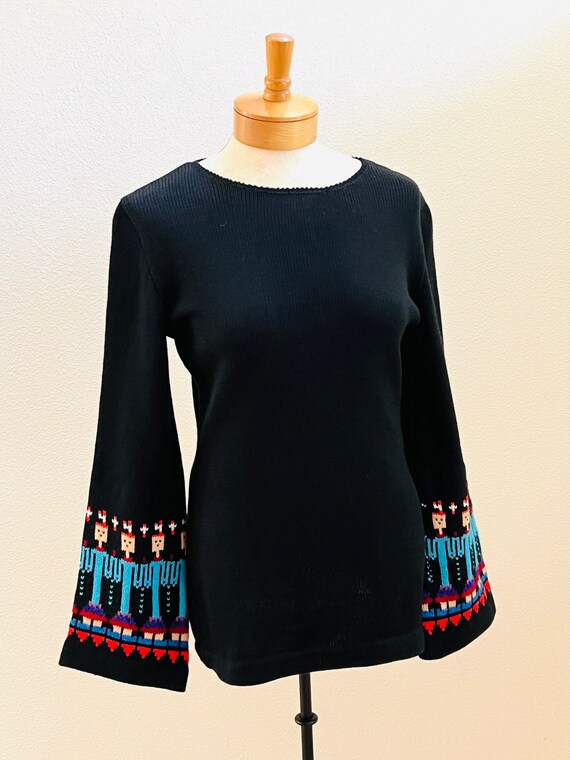 Black Wool Knit Pullover Sweater with Patterned L… - image 2