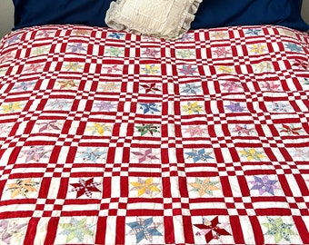 Vintage Red White Patchwork Stars Quilt, 58” x 77”