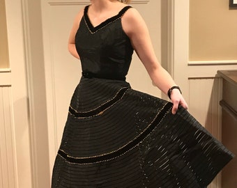Vintage 1950’s Black Taffeta Velvet Sleeveless Party Dress, Special Occasion Dress, Size Small