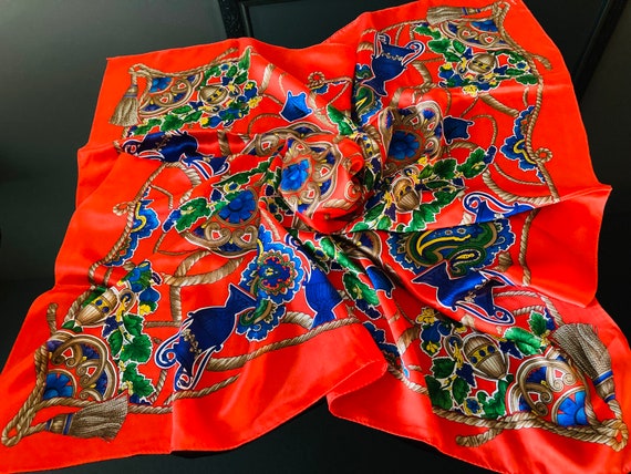 Albert Nipon Silk Scarf: Italian Theme, Orange Re… - image 4