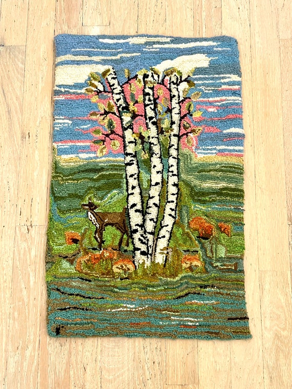 Vintage Wool Rug Wall Hanging, Colorful Forest Deer Scene