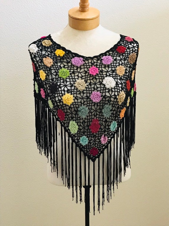 Vintage Crochet Poncho, 1960's Crochet Shawl