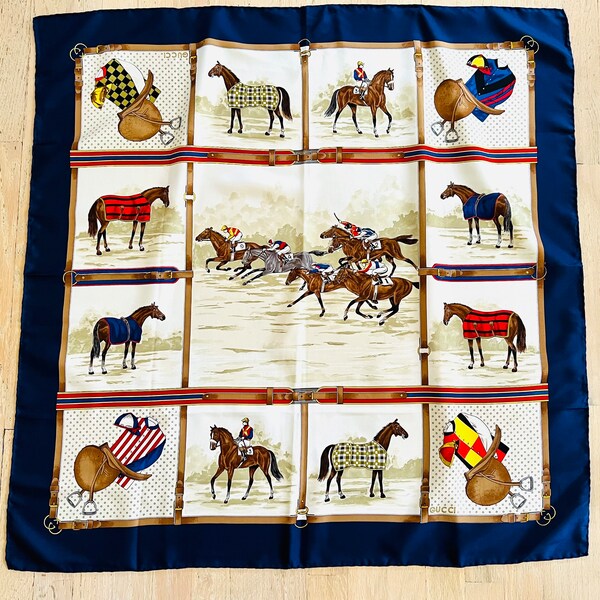 Gucci Silk Scarf Equestrian Horses and Jockeys Theme, Made in Italy