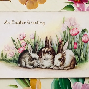Antique Easter Embossed Postcard, Easter Greetings, Rabbits and Tulips, 1916