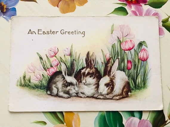 Antique Easter Embossed Postcard, Easter Greetings, Rabbits and Tulips, 1916