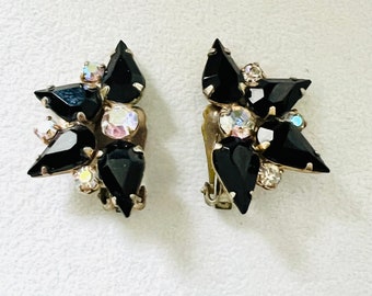 Vintage Mid-Century Black and Clear Rhinestone Clip-on Earrings