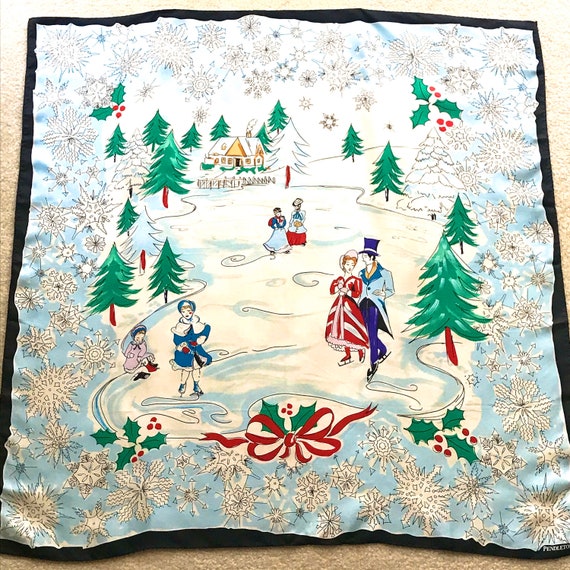 Pendleton Silk Christmas Scarf, Vintage Ice Skater