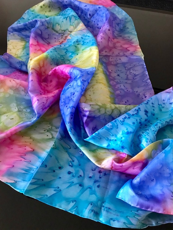 Watercolor Silk Scarf, Blue Pink Yellow Spring Pal