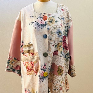 Whimsical Pink Floral Gardener’s Jacket, Button Front Multi Fabric Jacket