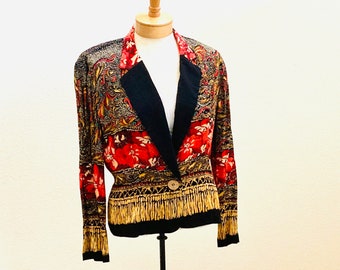 Vintage Carole Little Print Long Sleeve Jacket, Black Red Color Palette