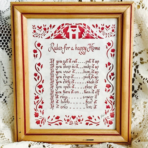 Scissor Cut Art, Rules for a Happy Home, Framed 5"x6" Scherenschnitte Art