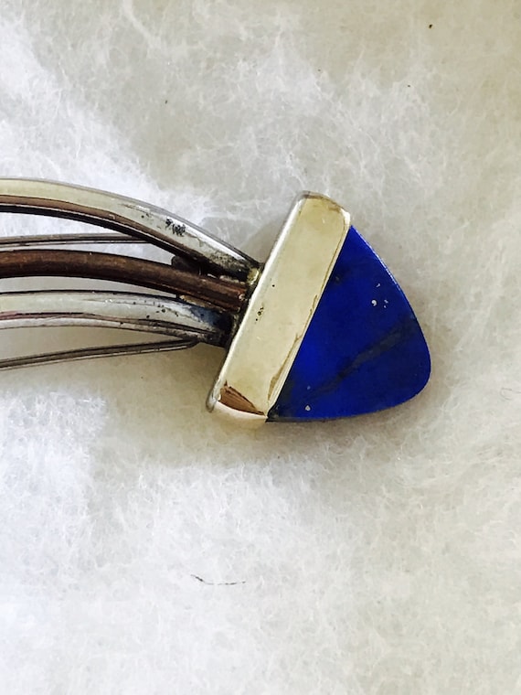 Art Deco Lapis Silver Copper Fur Clip Brooch - image 2