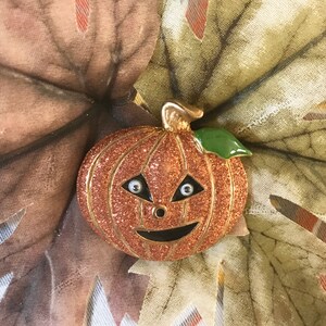 Halloween Jack O'Lantern Pumpkin Brooch, Sparkling Pumpkin Holiday Jewelry image 3